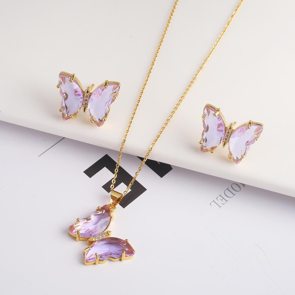 2PC Crystal Transparent Butterfly Pendant Necklace Earrings Jewelry Set Women's Luxury Gold Plated High Quality Gift