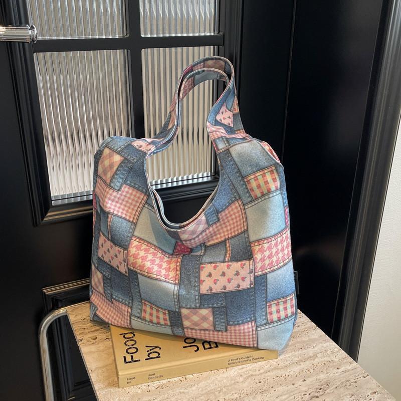 Large Checkered Canvas Tote Bag With Retro White Brown And Plaid Pink Design Street Style Chic