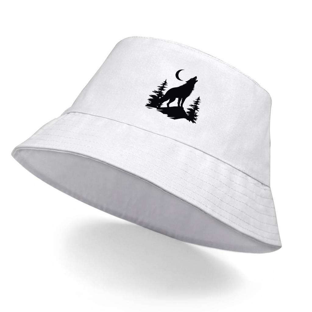 Svart Varg och Måne Tryck Bucket Hat , Skogsdjur Herrkeps Vikbar Godisfärg Mode Bassänghatt