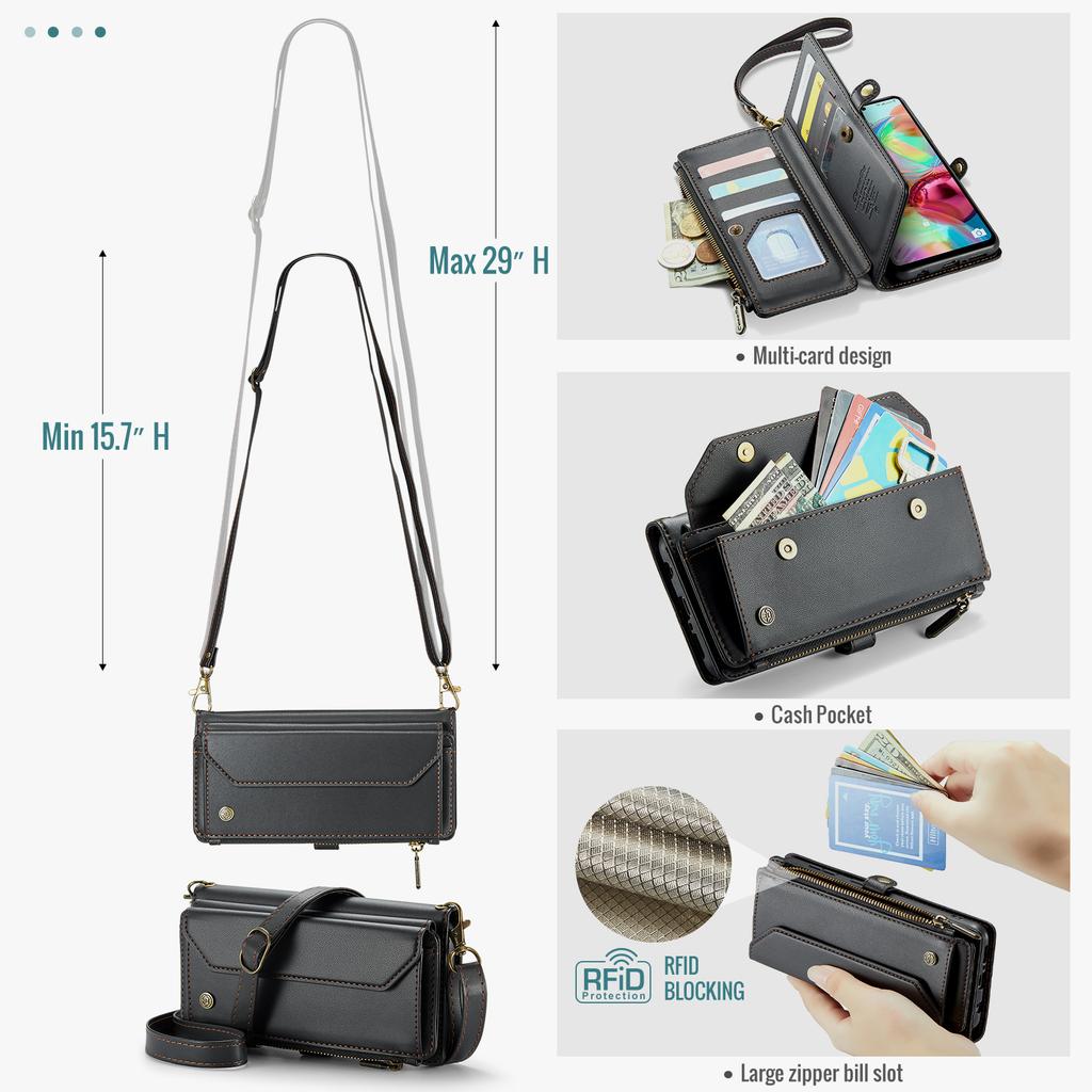 Pour Samsung Galaxy Série A12 A13 A71 S20 S21 S22 S23 S24 S25 Z Fold3 Z Fold4 Z Fold5 Z Fold6 Sac Téléphone Bandoulière Multifonctionnel en Cuir PU