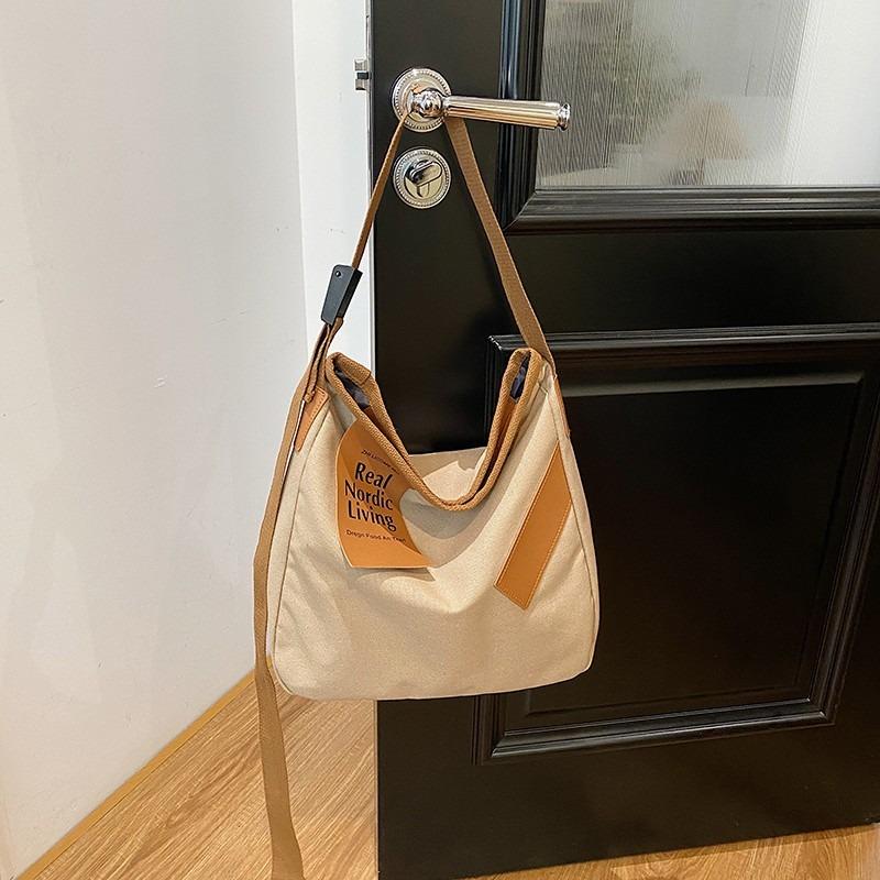 Women's bag canvas bag new shoulder bag fashionable contrasting color handbag wide shoulder strap bag