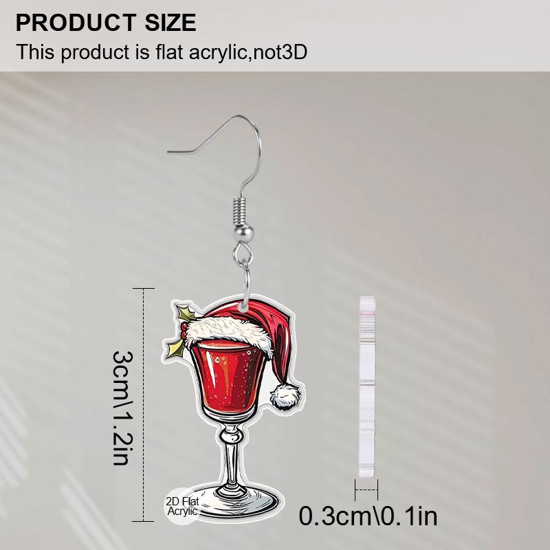 2D Flat Acrylic Christmas Wine Glass Christmas Hat Pendant Earrings Women's New Year Jewelry Holiday Party Decorations