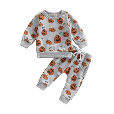 Baby Boys Girls Halloween Outfits Long Sleeve O Neck Pumpkin Print Tops + Gray Drawstring Pants