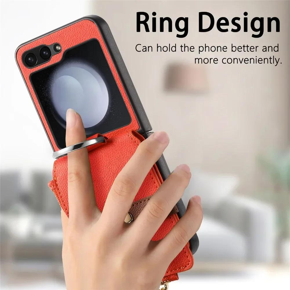 Prstenový kryt na telefon s držákem na karty pro Samsung Z Flip 6 5 4 3 Flip6 Flip5 Flip4 Flip3 5G Zipová peněženka PU kožený kryt