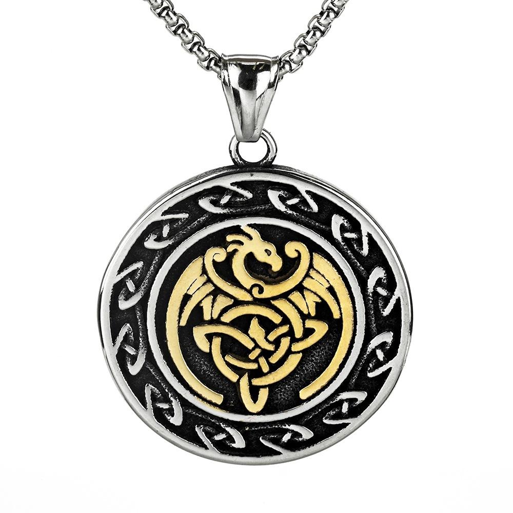 Vintage Stainless Steel Men's Pendant Celtic Knot Double Sided Dragon Round Medallion Necklace