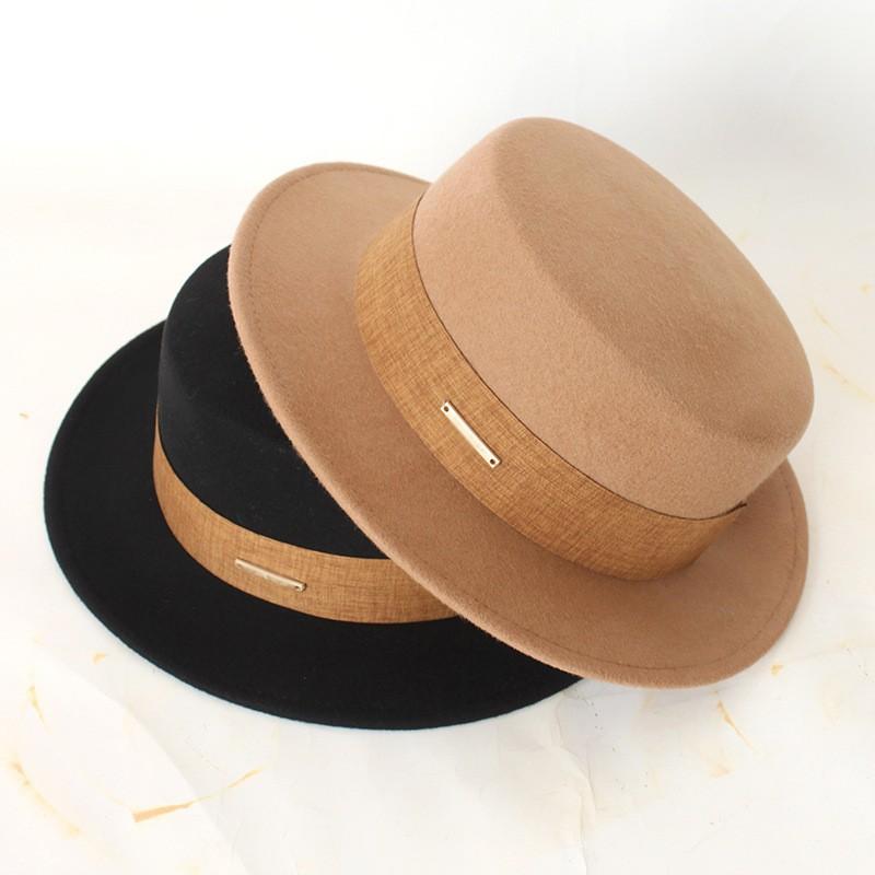 Womens Wool Flat Top Hat With Ribbon Trim Winter Warm Casual Outdoor Fedora Style