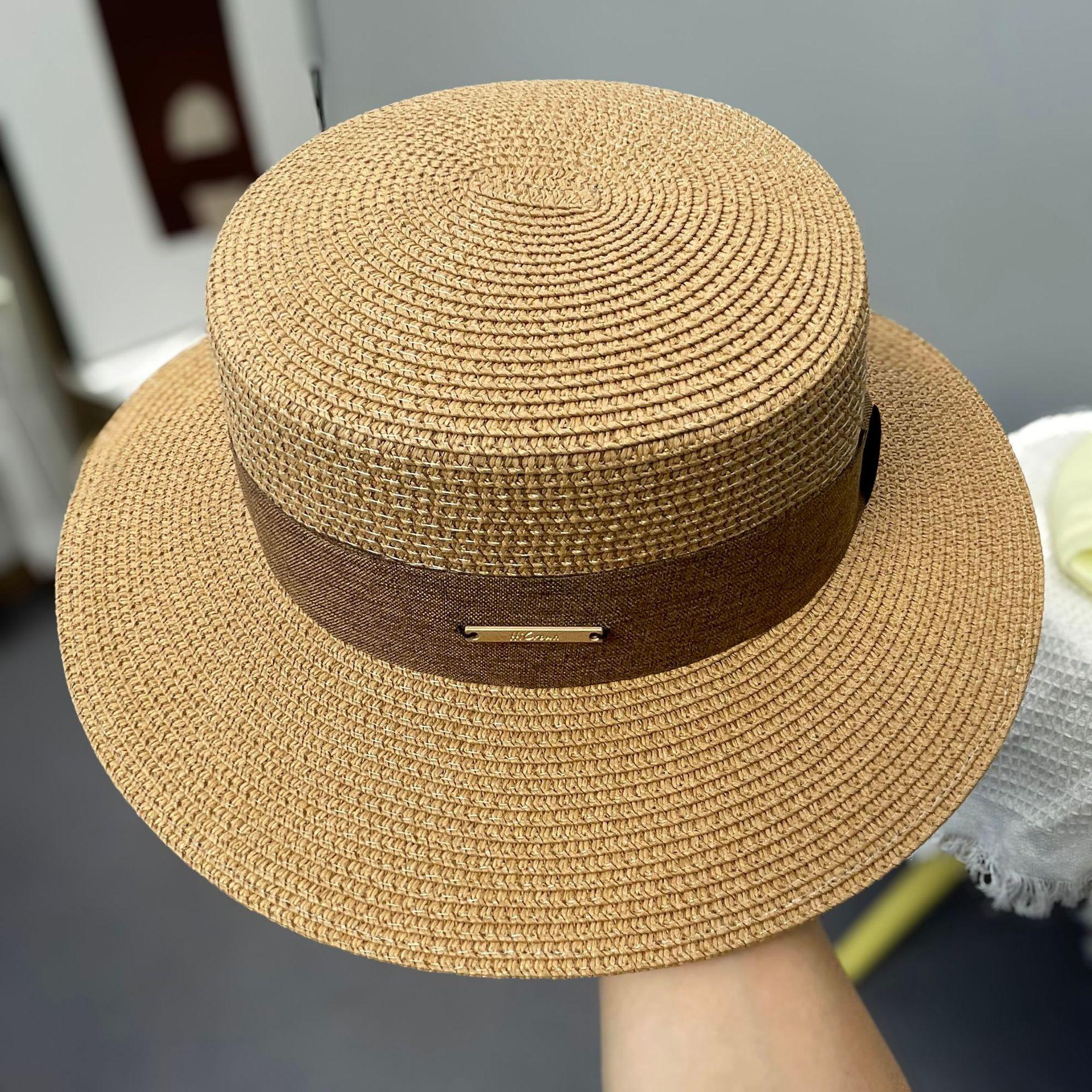 

Bow jazz straw hat women s summer outing seaside UV protection sun hat versatile flat top hat 56-58CM