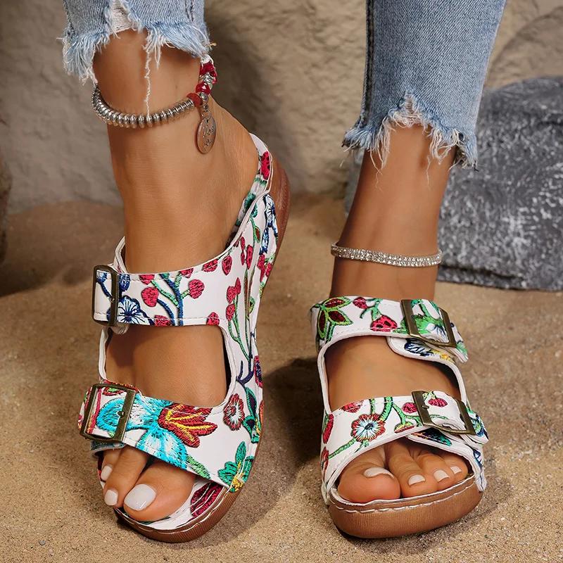 Fashion Fashion Printed Wedge Heels Sandals Women Summer 2025 Double Buckle Platform Slippers Woman Lightweight Non Slip Beach Sandles
