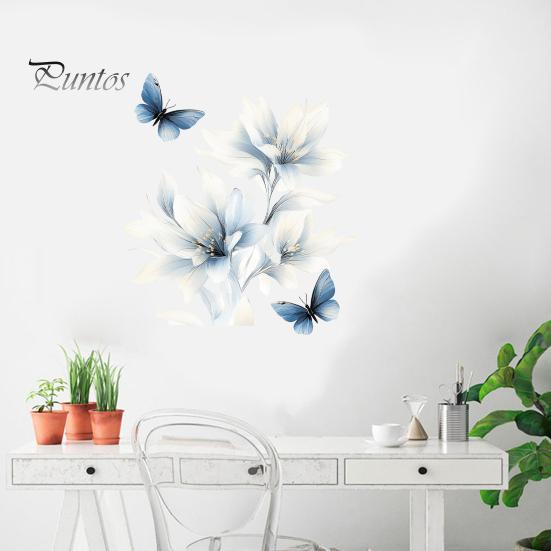 Botanical Wall Accents for Modern Interior Ink-Washed Blue Floral Stickers with Butterflies, Delicate Lily Peel And Stick Decals Living Room