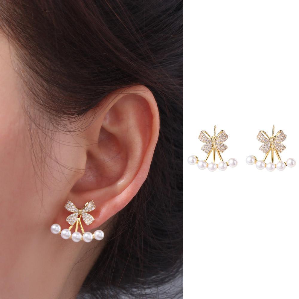 Copper Bowknot Zircon Earrings Metal Crystal Pearl Earrings Sweet Y2K Stud Earrings  Wedding