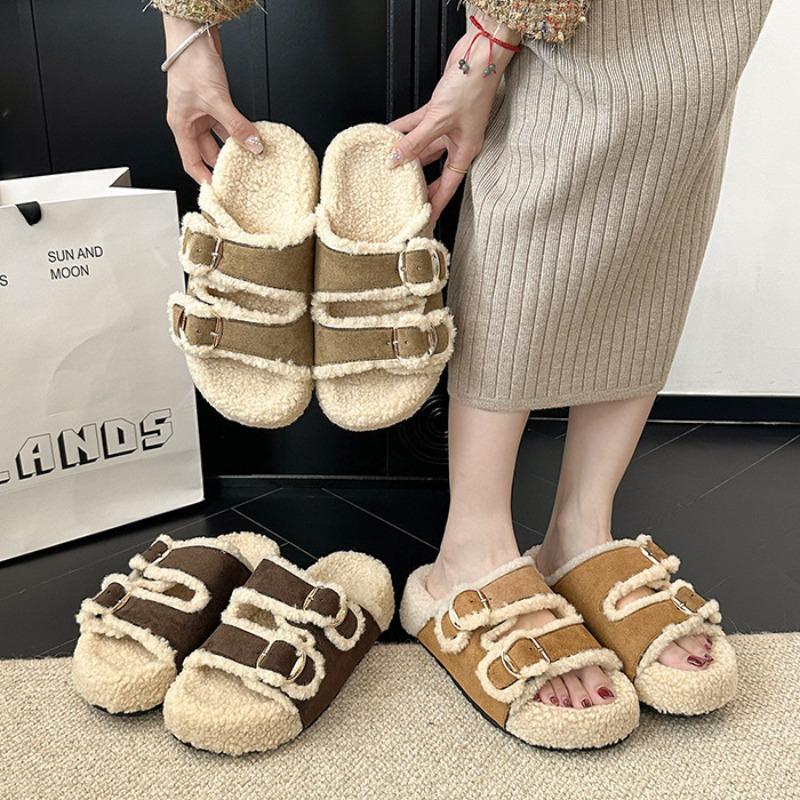 Thick-bottomed fluffy slippers for women to wear new autumn and winter one-word drag fluffy home cotton slippers