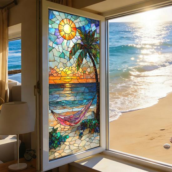 Fenster Sichtschutzfolie Buntglas Flamingo Tropisch Statisch Haftend Hitzeregulierung Tür Abdeckung Aufkleber mit Palmenblättern Blumendekor für Badezimmer