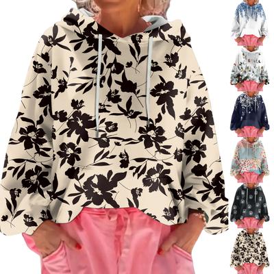 Women's Floral Print Loose Casual Long Sleeved Hooded Sweatshirt