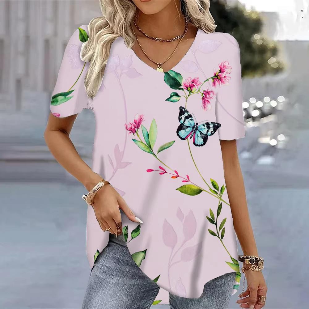 Casual Versatile Plant Pattern Short Sleeve V-Neck T-Shirts Women’s
