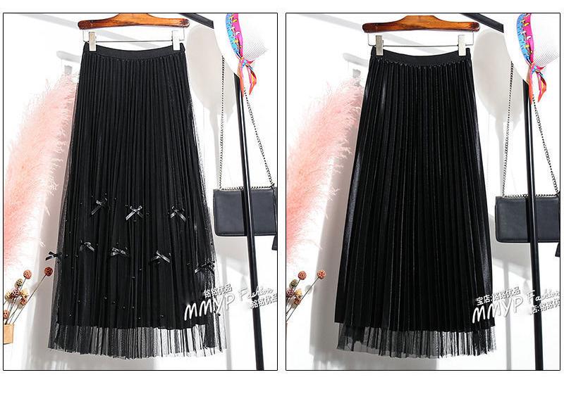 Double-Sided Mesh Beaded Pleated A-Line Bowknot Skirt - Slimming Summer 2025 Style