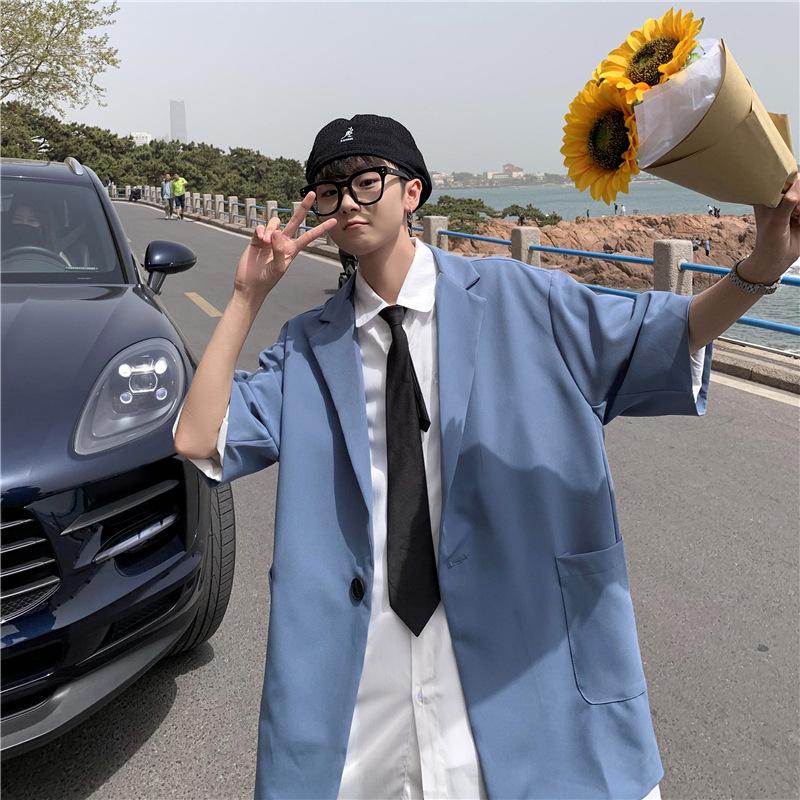 

Летний маленький костюм с короткими рукавами, мужской повседневный свободный трендовый костюм в гонконгском стиле Tide Brand Ins Student Ruffian, красивый пиджак с половиной рукавов 2XL синий