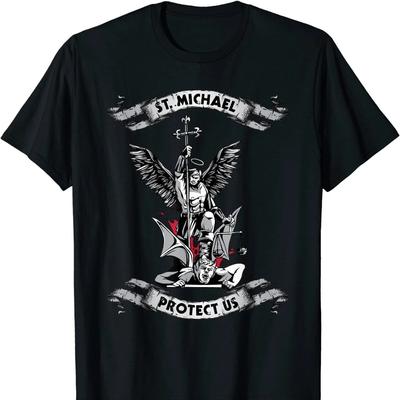 Archanioł Święty Michał Chroń Nas Broń Nas T-Shirt. Wysokiej jakości bawełniana koszulka męska z krótkim rękawem i dekoltem w kształcie litery "o", nowa S-3XL