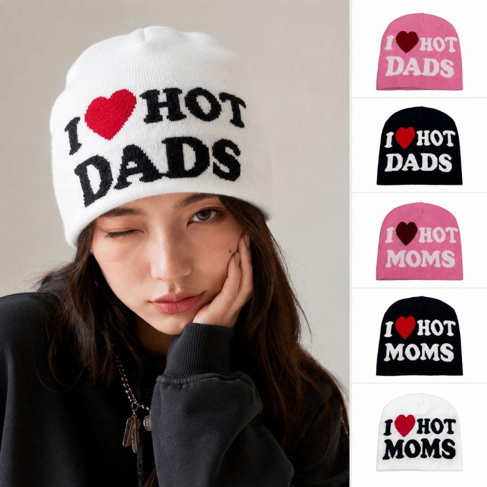 I Love Hot Moms/dads Printed Beanie Caps Windproof Pullover Hat Fashion Knitted Hats Unisex