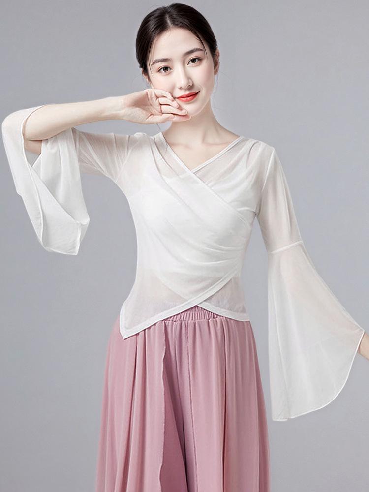 Women's Classical Chinese Dance Bell Sleeve Top - Sheer, Long Sleeve, Body Shaping Dancewear for Adults