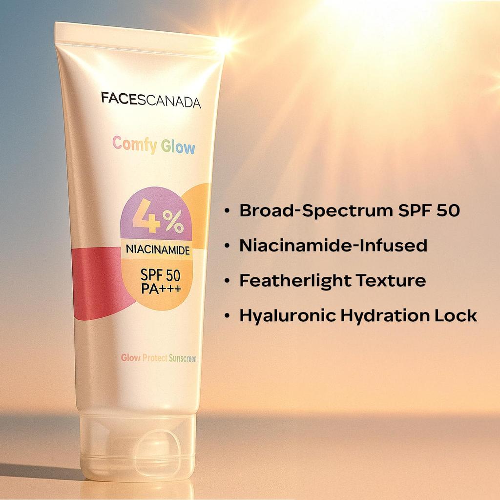 FACES CANADA Comfy Glow Sunscreen with 10% Niacinamide - 30ml | SPF50 PA+++ | UVA & UVB Protection | Feather Light Texture | Lightweight & Non Gr