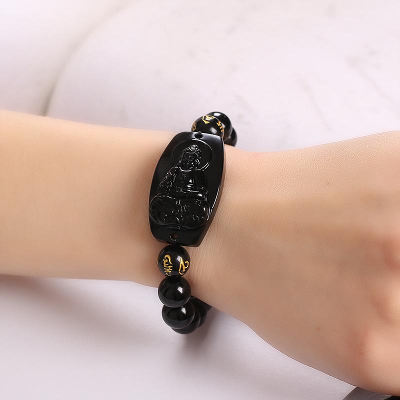 Obsidian Zodiac Guardian Buddha Bracelet for Couples – Guanyin & Eight Gods, Unisex