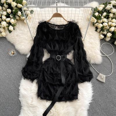 Korean Chic Sexy One Piece Dress Women Fluffy Long Sleeve Elegant Mini Dress Female French Fashion Design Vintage Party Dress 2024