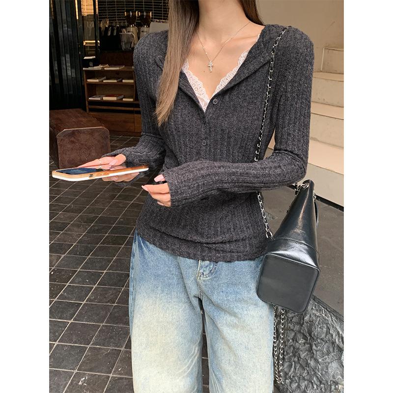 Cămașă de bază cu mâneci lungi, falsă două piese, cu guler cu dantelă, pentru femei, toamnă și iarnă, top T-shirt slim-fit cu guler pe jumătate deschis