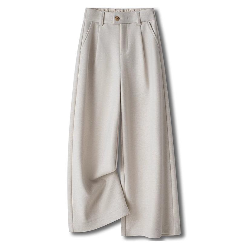 Women's 2024 Khaki High-Waisted Wool Wide-Leg Cropped Pants – Autumn/Winter Slimming Style