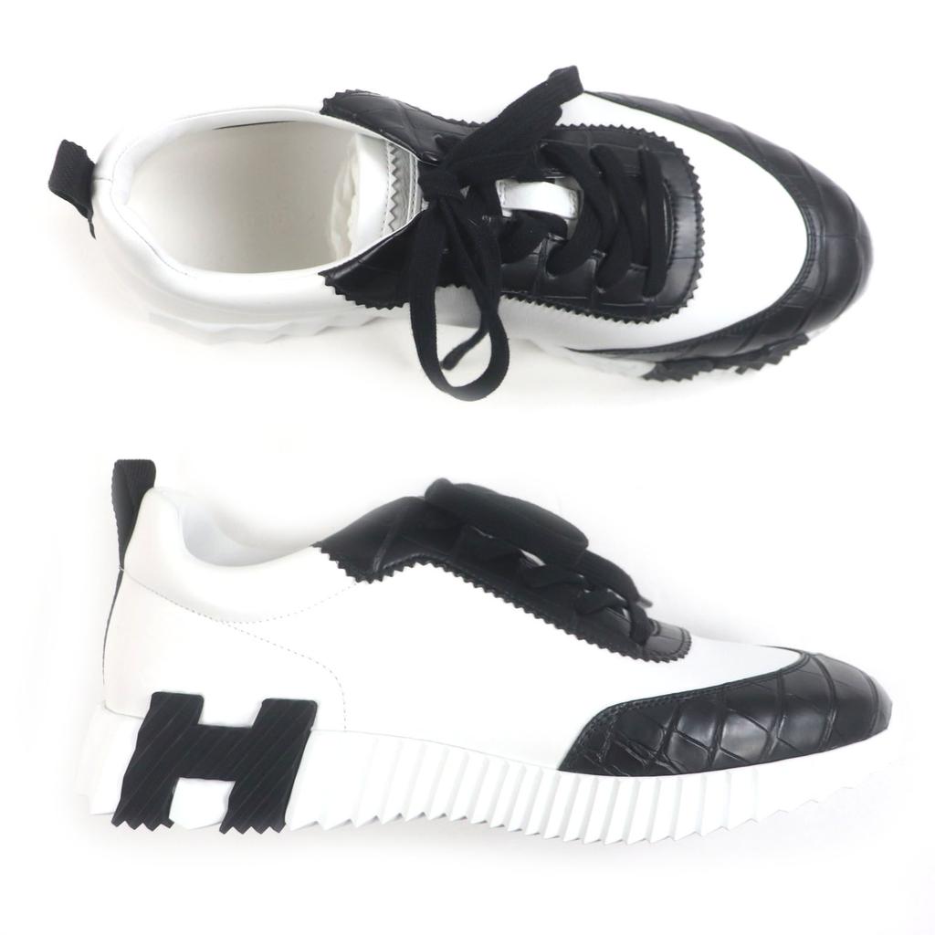 Hermes Sneakers White Black Crocodile 42 995336 Used
