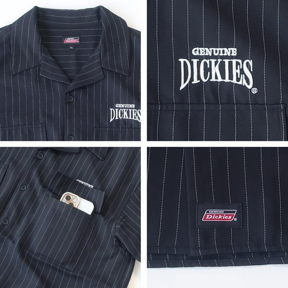 Dickies Men's Short Sleeve Shirt, Striped, Open Collar, Blue, Black, Casual, Sizes M, L, XL, 10001912 (JP, Alphabet, XL, BLUE)