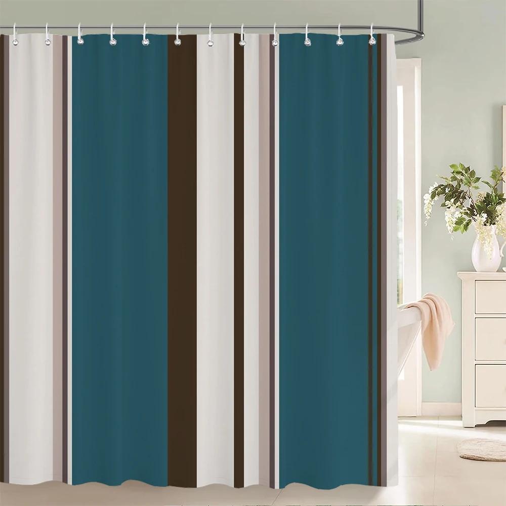 1 Pcs Shower Curtain Color Stripe Printed Bathroom Curtain Polyester Cloth Waterproof Home Decoration Curtain with Hooks