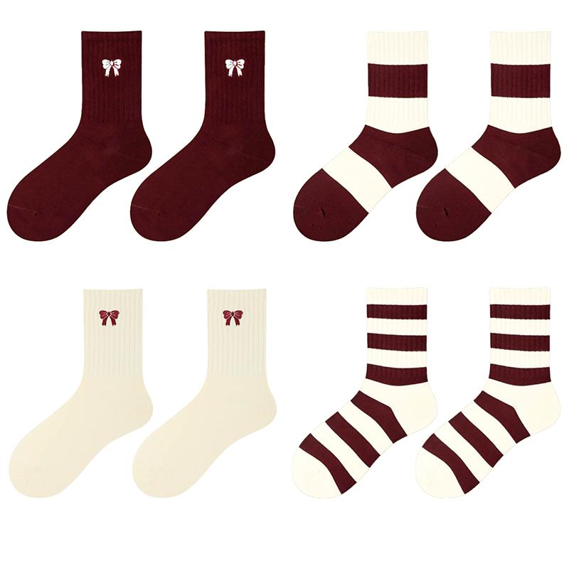Ancora Women's Mid Tube Pure Cotton Socks Korean Style Bow Embroidery  Warm Breathable Festive New Year Girls Socks