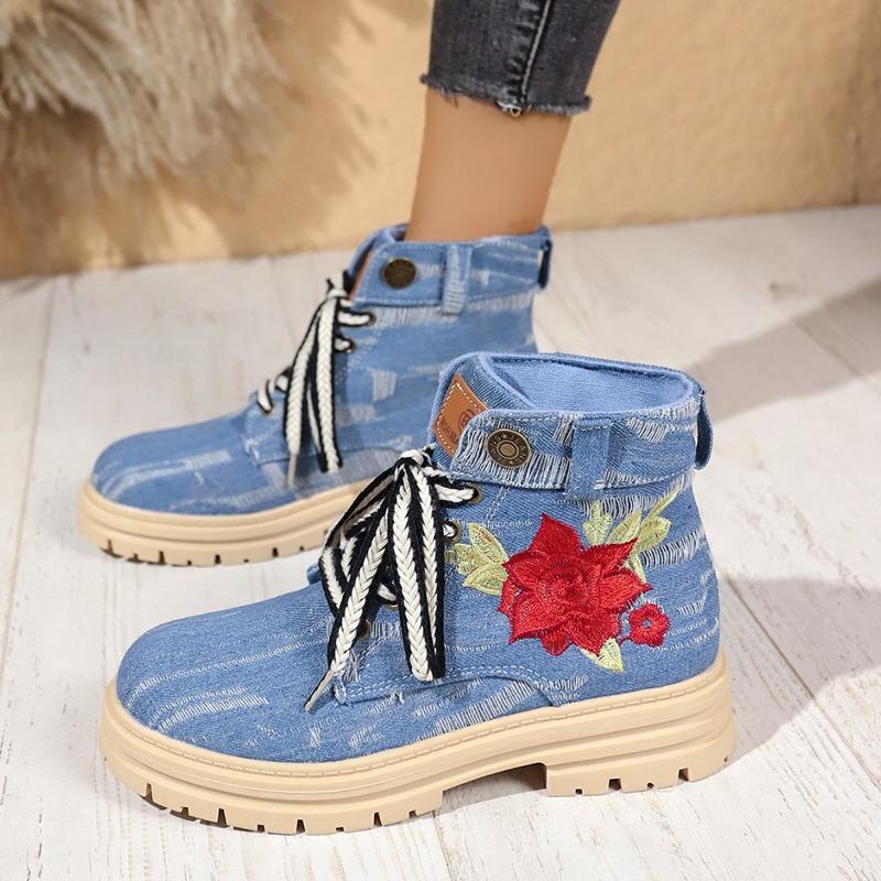 Fashion Women's Chunky Single Boots New Fall Round Head Denim Embroidered Front Lace-up Thick Sole Non-slip Ankle Boots