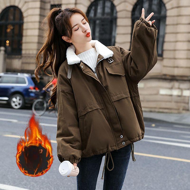 Autumn Winter Versatile Lamb Wool Fleece Lined Thickened Contrast Color Panel Cargo Jacket Women's Thickened Jacket