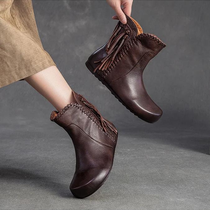 Johnature Retro Short Boots Genuine Leather Versatile Tassel Fashion Comfortable Women's Shoes