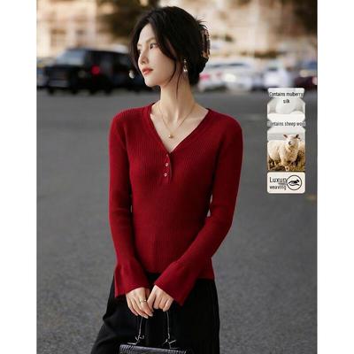 Demana Women's Silk Wool Blend Flared Sleeve Knit Top
