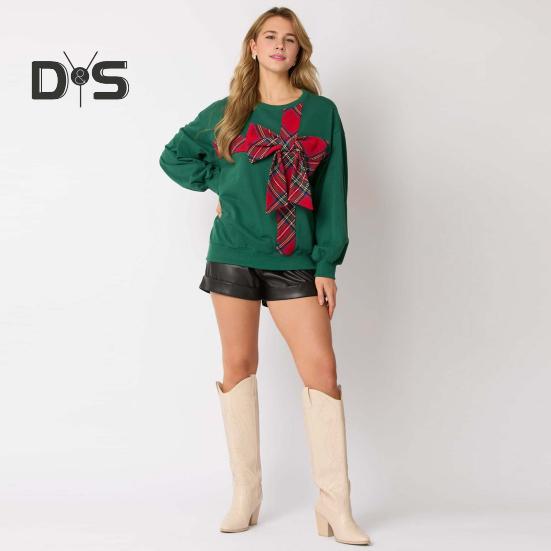 Christmas Hoodie Women O-Neck Long Sleeve Plaid Print Bowknot Decor Sport Tops Loose Fit Casual Pullover Tops