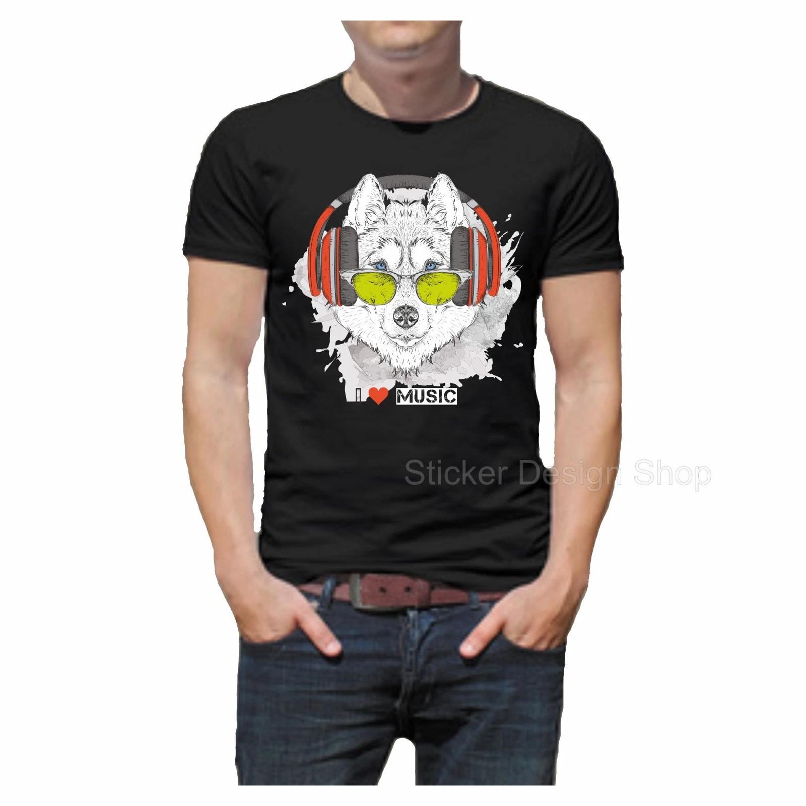 I Love Music Wolf Dog T-Shirt Print Unisex Cotton Fruit of The Loom 2XL