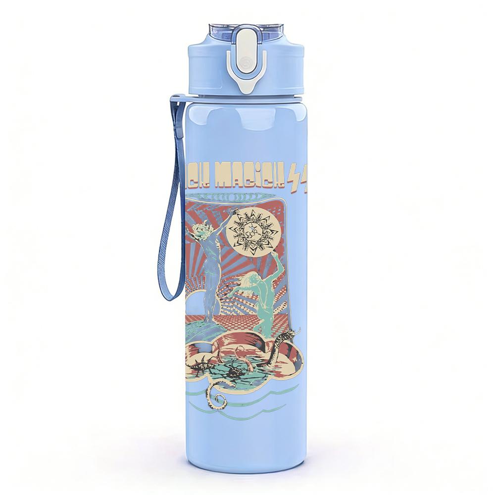 1PC Faint vertical band sketch print 750ml colorful plastic sports water bottle leakproof pop up lid with straw for outdoor work home use
