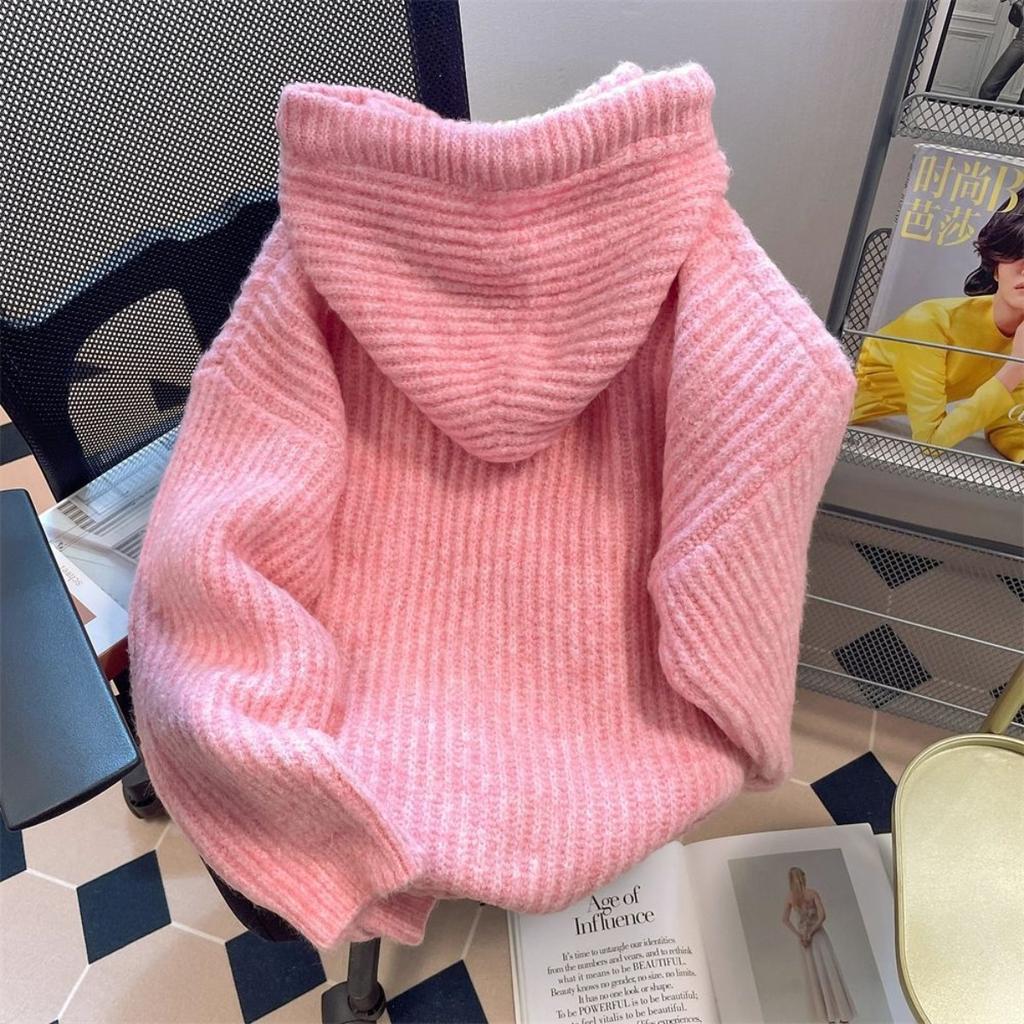 Růžový svetr First Love Vintage svrchní oděv s kapucí pro ženy na podzim a zimu, sladký a pikantní, jemný styl, retro měkký a hřejivý svetr
