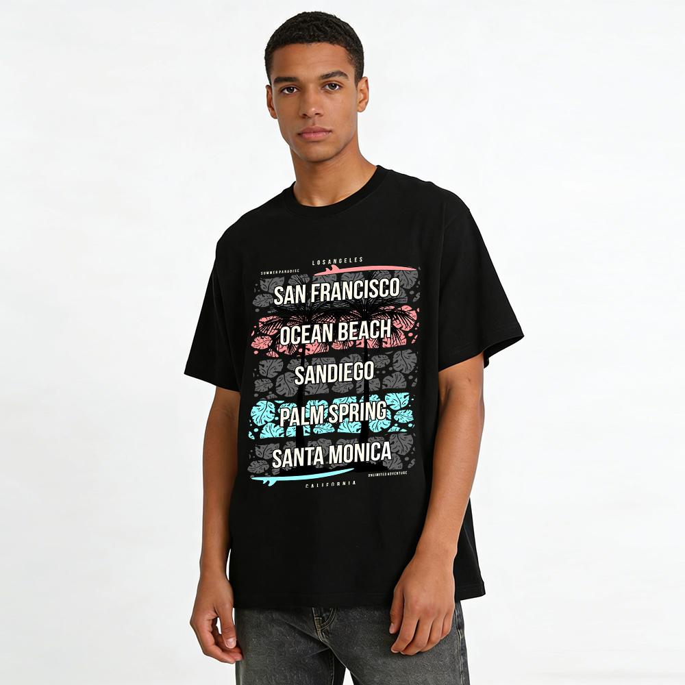 California City Print Tshirt Casual Loose Coconut Tree Top Pure Cotton T-shirt