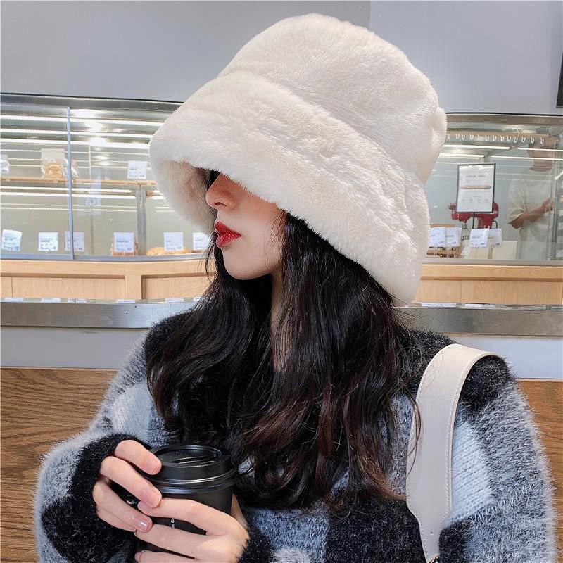 Thick Plush Berets Faux Rabbit Fur Fisherman Hat Women Autumn Winter Warm Thickened Bucket Hats Panama Plush Basin Cap Beanies
