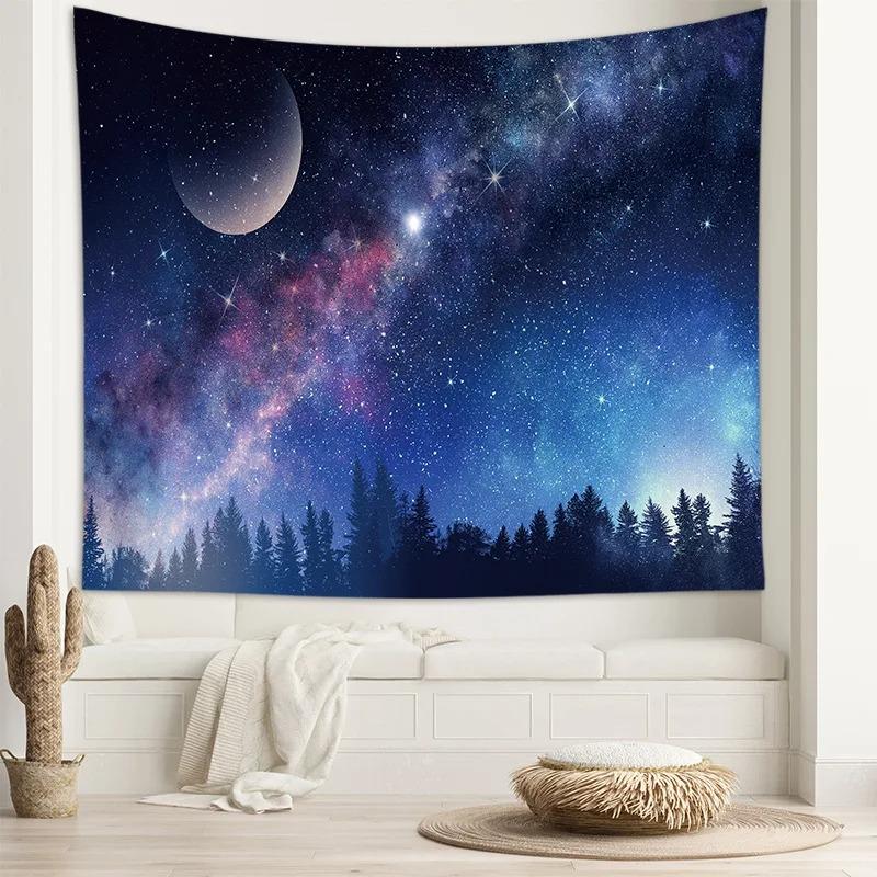 Starry Sky and Moon Beautiful Galaxy Pattern Hanging Cloth Home Wall Decoration Tapestry Bedroom Living Room Tapestry