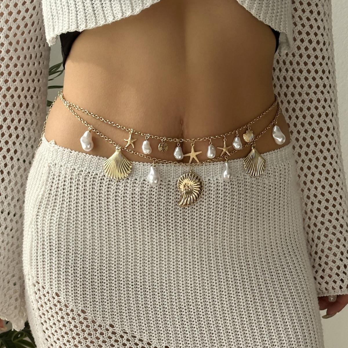 

Bohemian Metal Big Shell Conch Pendant Waist Chain For Women Men Baroque Imitation Pearl Irregular Bead Belly Chain Body Zircon