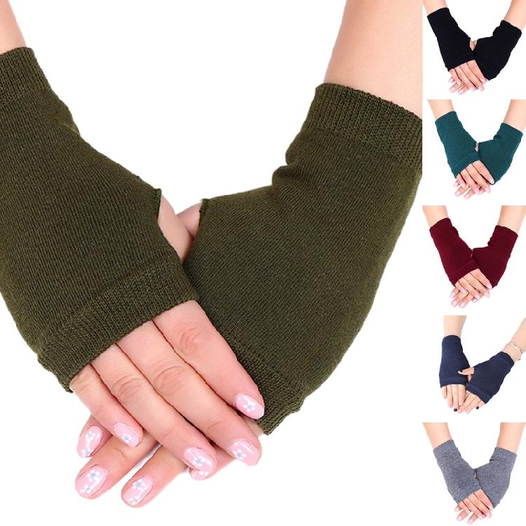 Fingerless Gloves Stretchy Knitted Thumb Hole Mittens Solid Short Hand Warmers