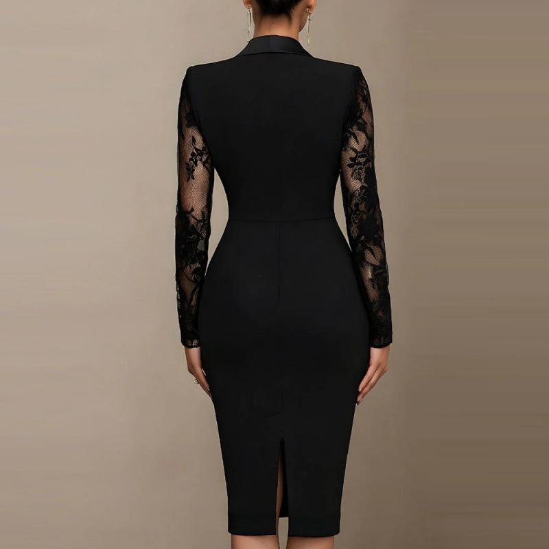 2026 Solid Color Lace Patchwork Lapel Dress – Long Sleeve, Waist-Cinching Casual Suit for Europe & America