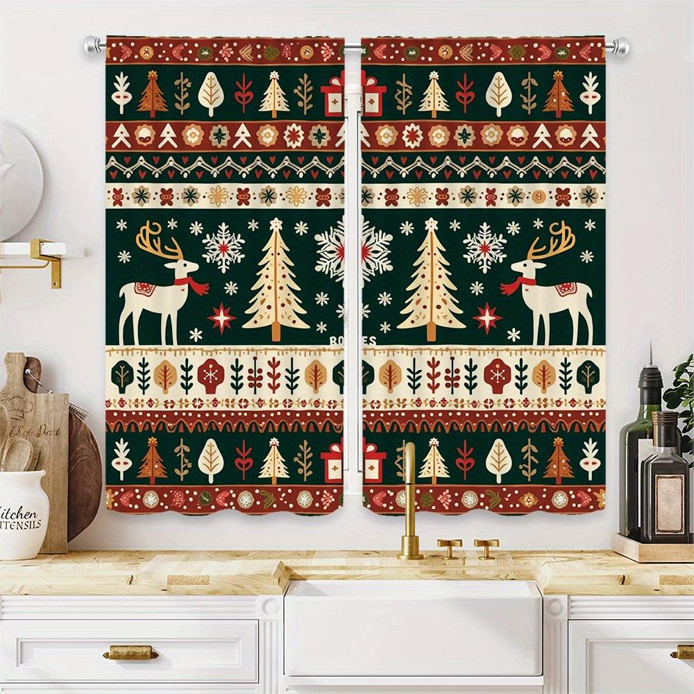 2pcs Christmas Curtains with Reindeer Snowflakes & Trees Design - Velvet-Like Polyester Fabric Semi-Translucent Rod