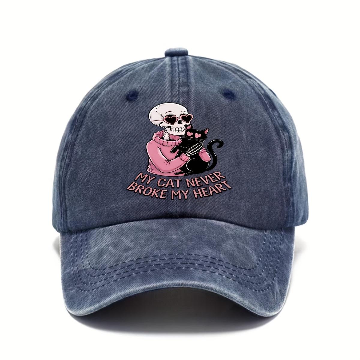 My Cat Never Broke My Heart Skeleton Graphic Washed Baseball Cap Unisex Casual Outdoor Adjustable Hat One Size
