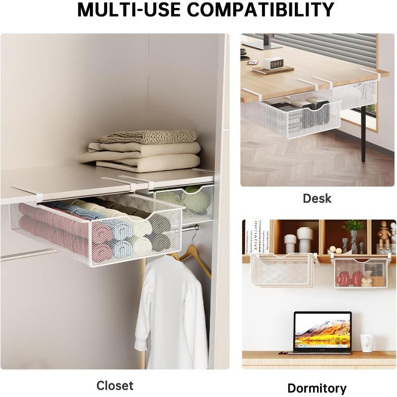Under Shelf Hanging Pull Out Drawer Basket Carbon Steel Wardrobe Organizer Tray for Clothes Socks Space Saving Storage Drawer