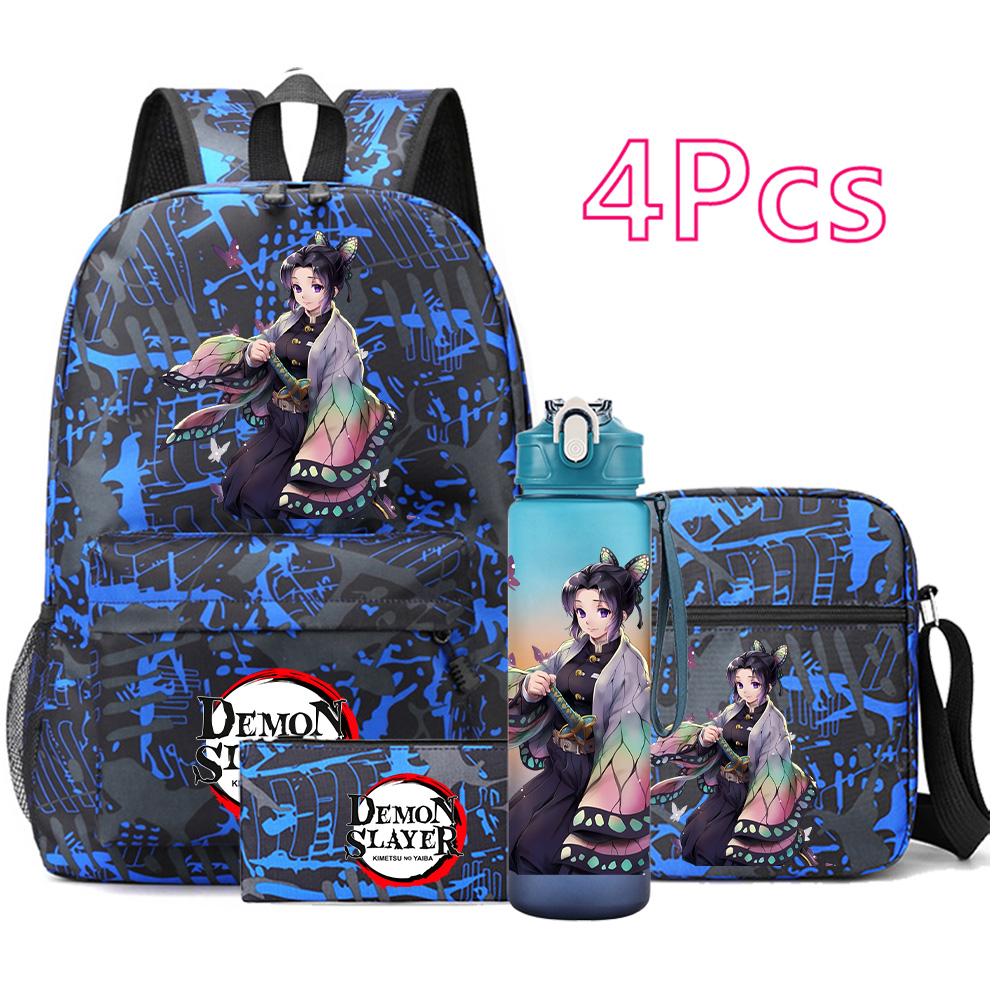 4 Pezzi/set Zaino Stampato Anime Demon Slayer Grande Capacità Borsa per Libri Borsa a Spalla Custodia per Borsa con Borraccia da 750ml Ragazzo Ragazza Zaino Impermeabile